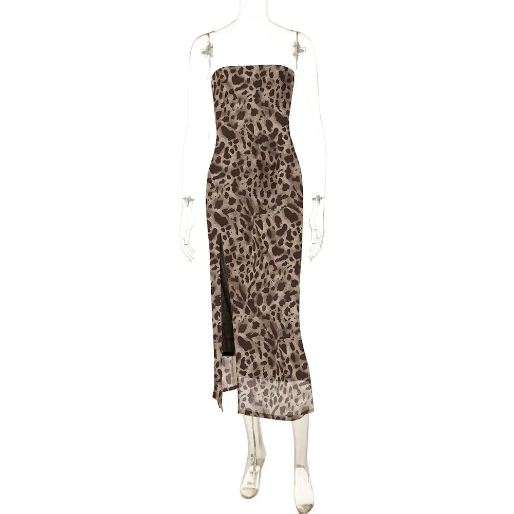 Women Summer Leopard Printed Sexy Strapless Side Slit Tube Dress - Image 6