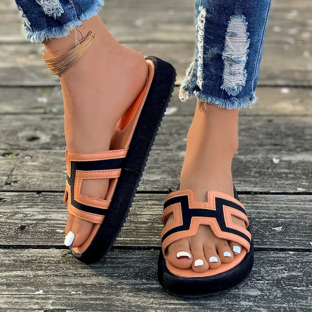 Women Fashion Casual Contrast Color Round-Toe Platform Slippers