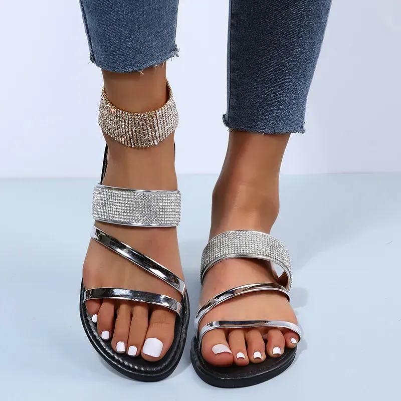 Women Fashion Casual Simple Rhinestone Round-Toe Flat Slippers