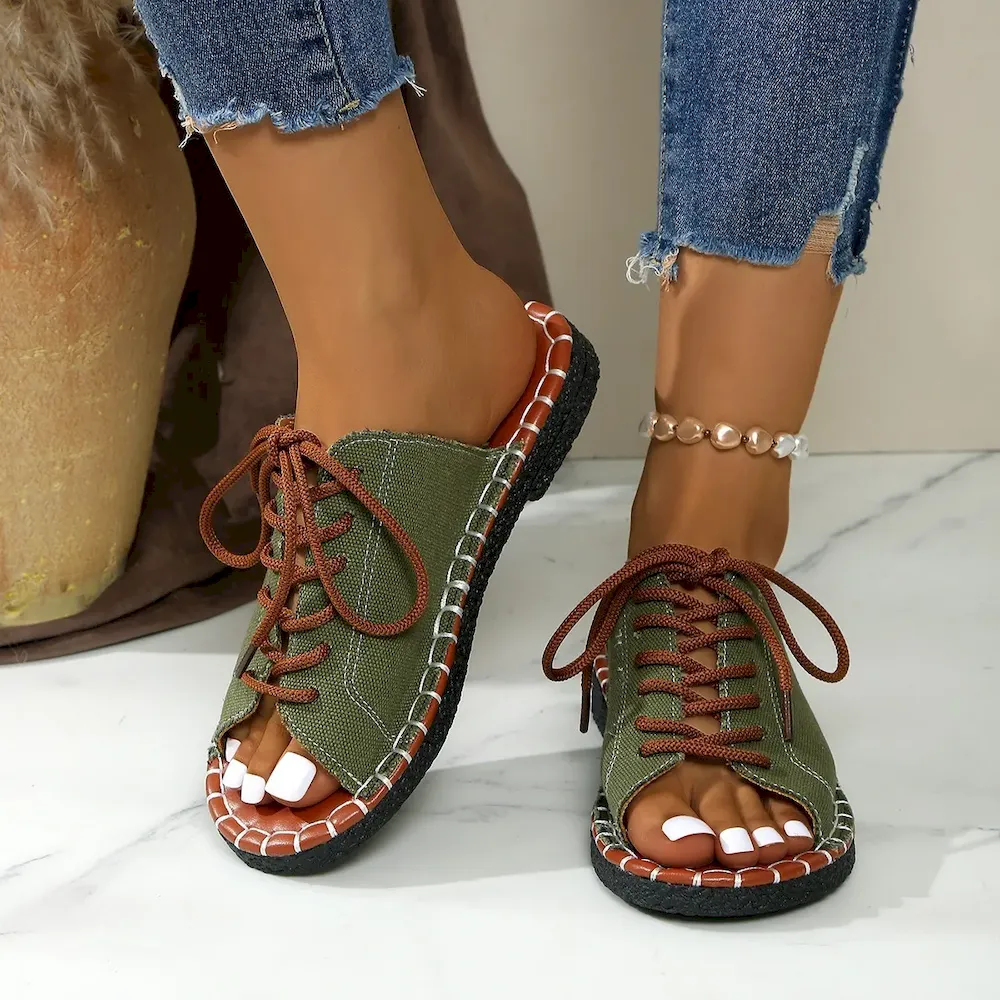 Women Plus Size Lace-Up Flat Slippers