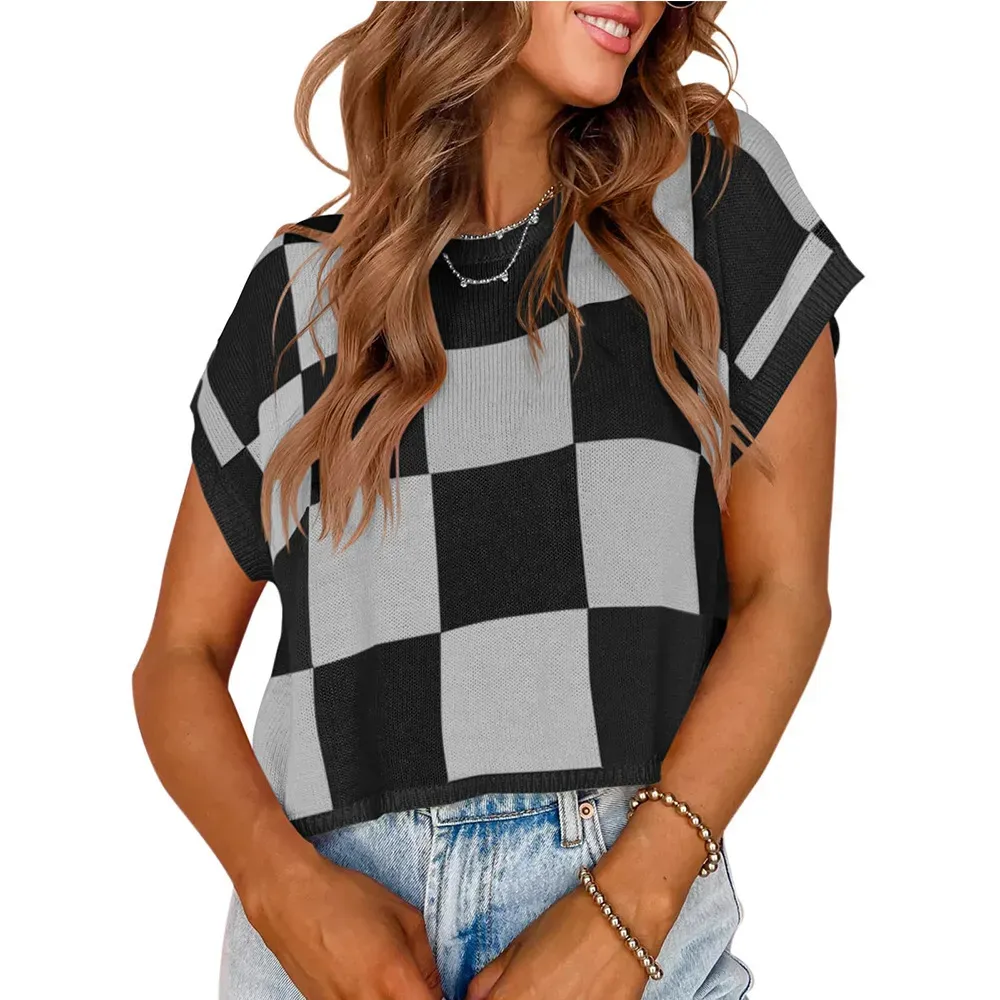 Women Fashion Casual Color Block Round Neck Short Sleeve Knitted Top - Image 7