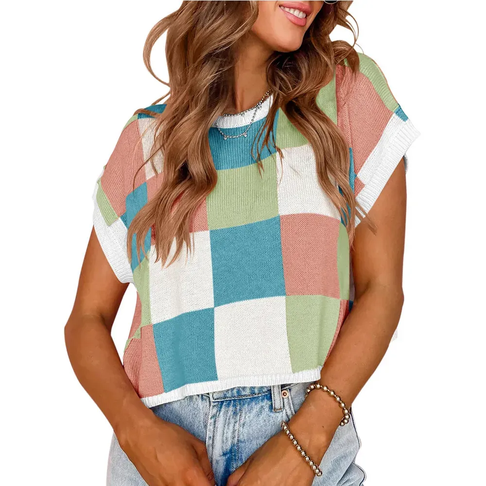 Women Fashion Casual Color Block Round Neck Short Sleeve Knitted Top - Image 10