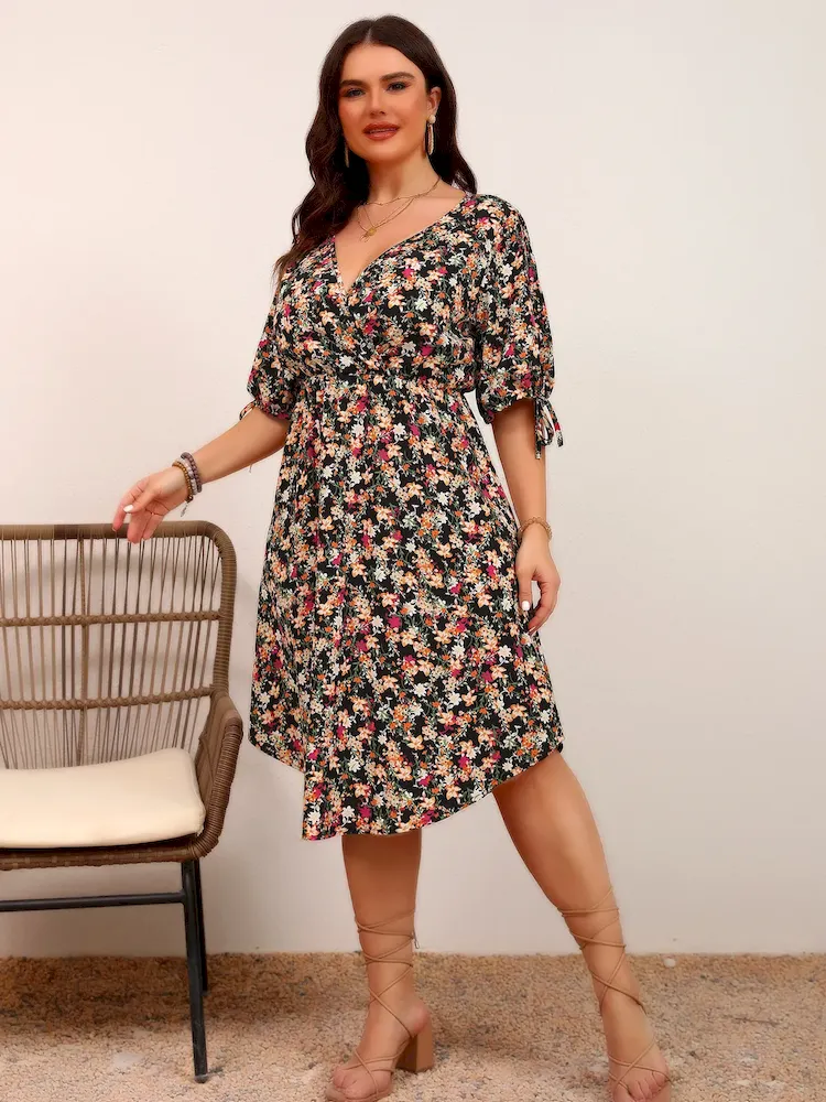 Women Fashion Elegant Plus Size Floral Printed V-Neck Drawstring Short-Sleeve Dress - Image 3
