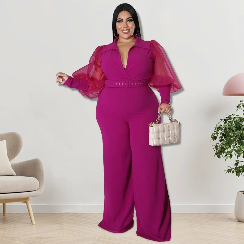 Plus Size Women Color Contrast Collar Jumpsuits - Image 8