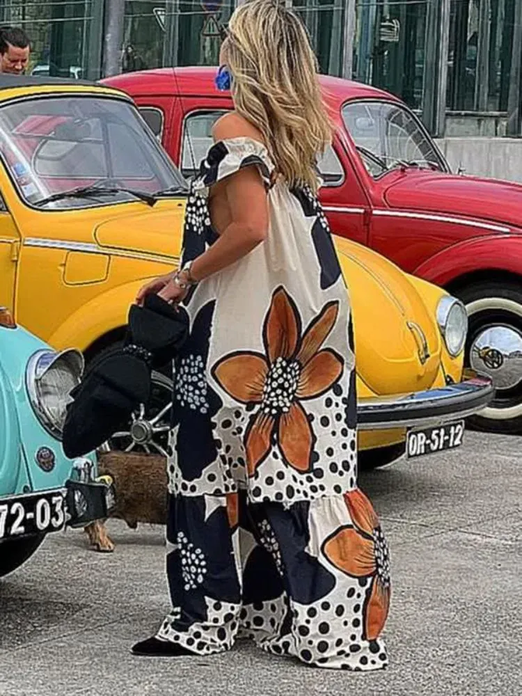 Women Casual Vacation Floral Printed Off Shoulder Pocket Loose Dress - Image 3