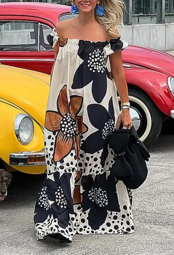 Women Casual Vacation Floral Printed Off Shoulder Pocket Loose Dress - Image 4