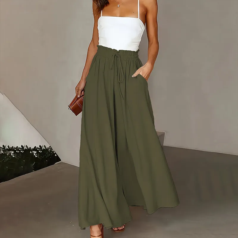 Women Casual Solid Color High Waist Wide Leg Pants