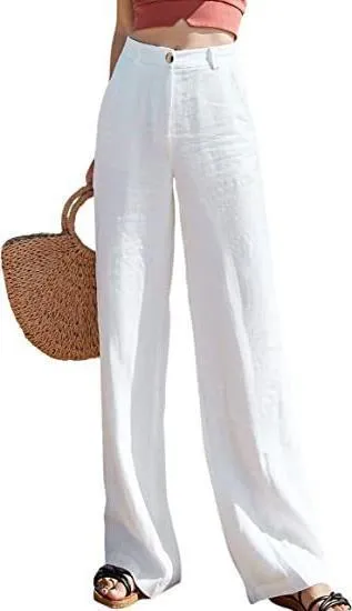 Women Casual Solid Color Cotton And Linen Wide Leg High Waist Straight Pants - Image 4