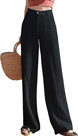 Women Casual Solid Color Cotton And Linen Wide Leg High Waist Straight Pants - Image 5