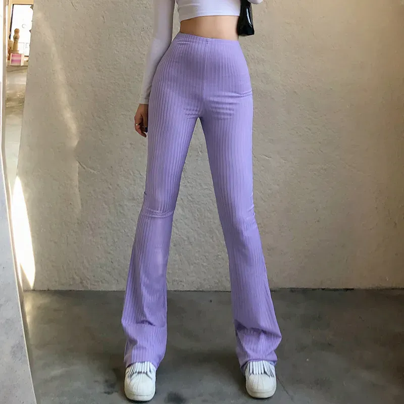 Women Fashion Solid Color Tight High Waist Micro Flared Pants