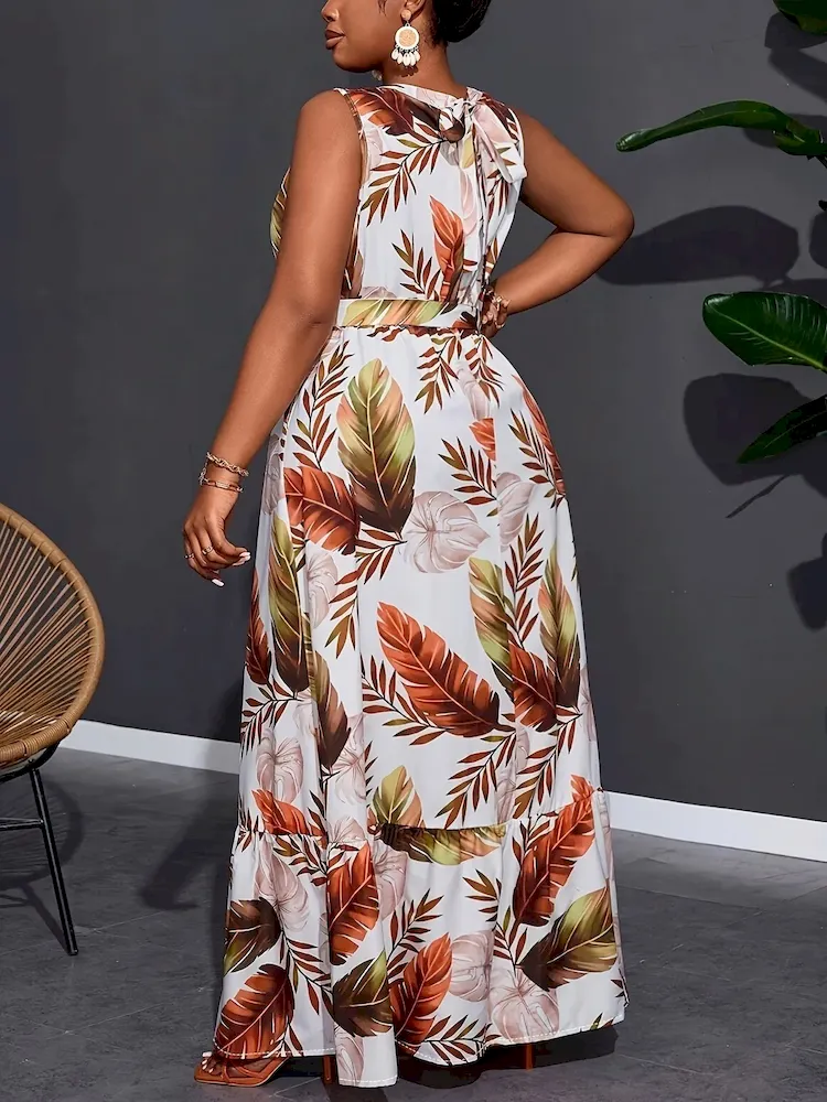 Women Fashion Casual Plus Size Floral Printed Sleeveless Lace-Up Loose Dress - Image 3