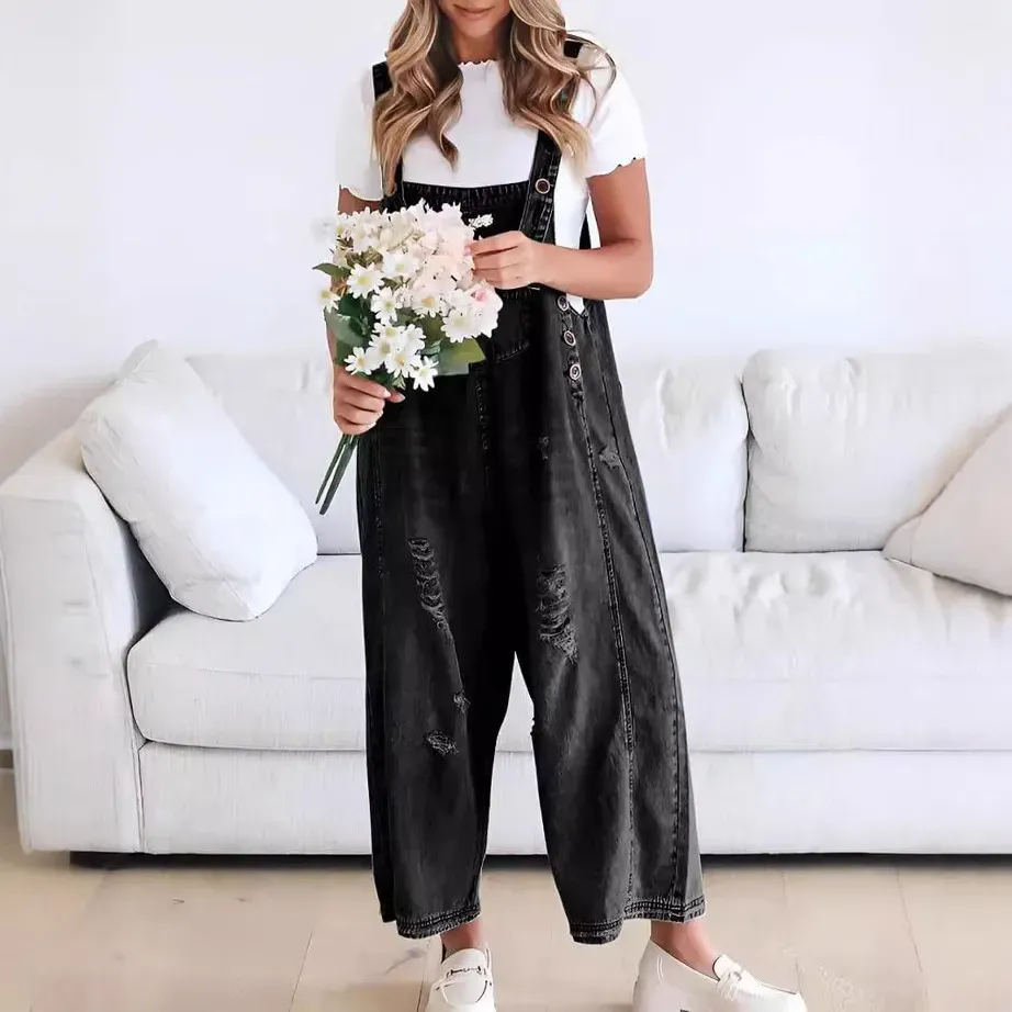 Women Fashion Retro Casual Ripped Loose Wide Leg Denim Jumpsuits
