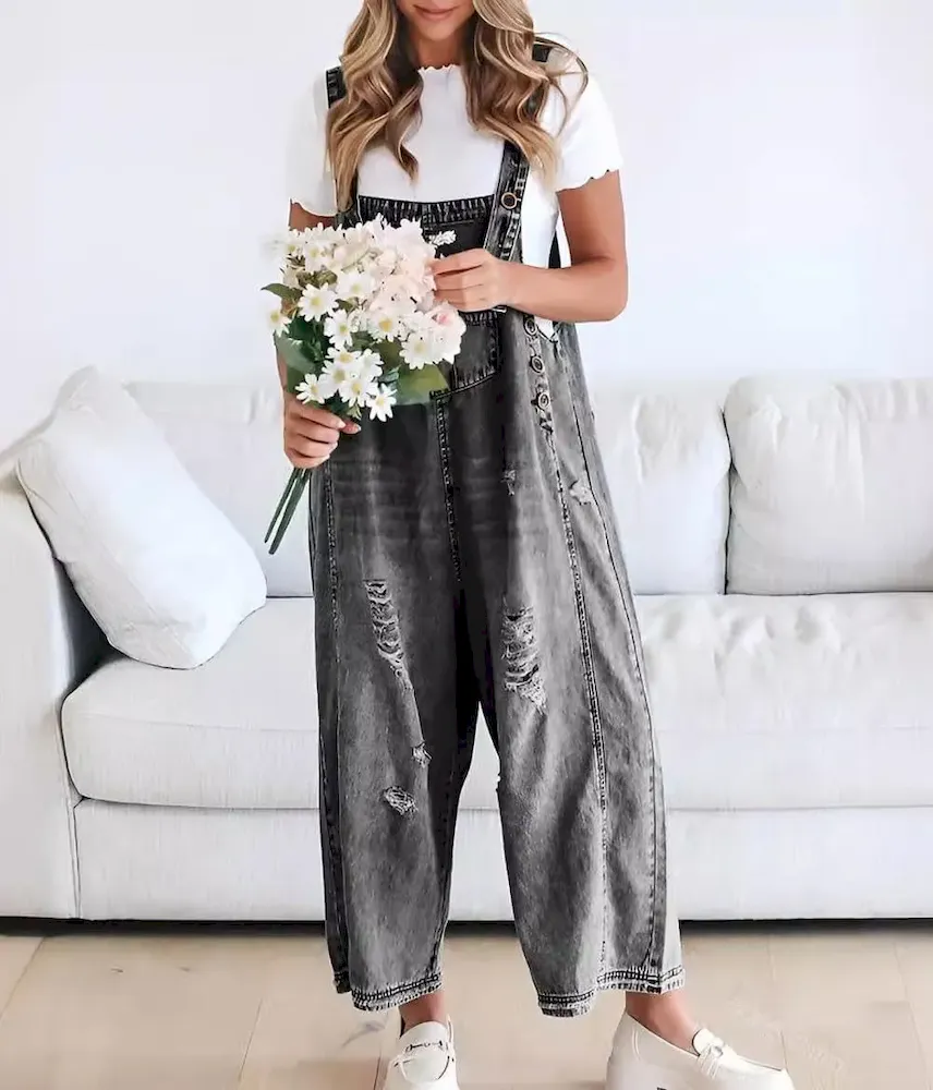 Women Fashion Retro Casual Ripped Loose Wide Leg Denim Jumpsuits - Image 8