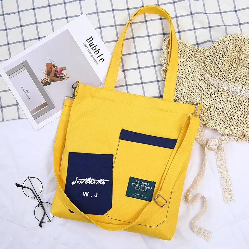 Block Color Large Capacity Canvas Zipper Shoulder Bag