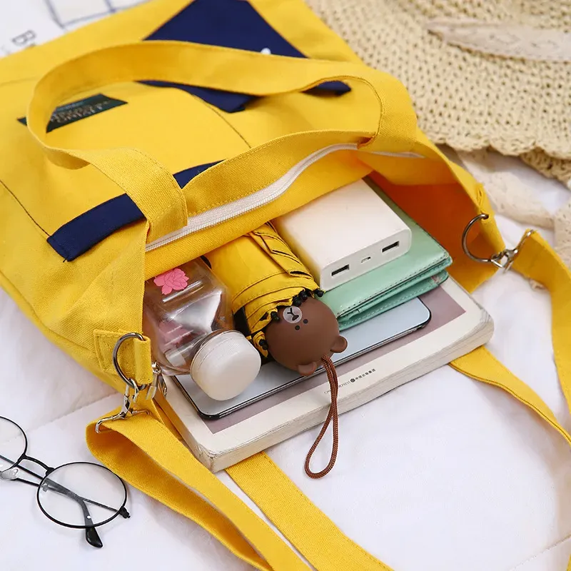 Block Color Large Capacity Canvas Zipper Shoulder Bag - Image 4