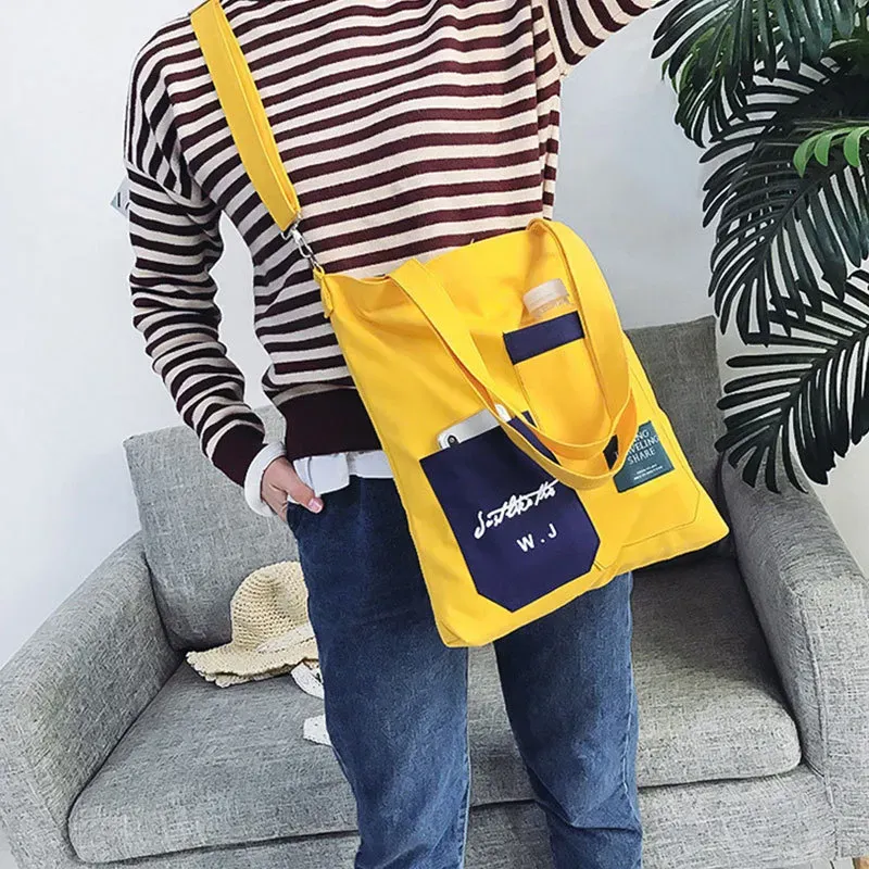 Block Color Large Capacity Canvas Zipper Shoulder Bag - Image 5