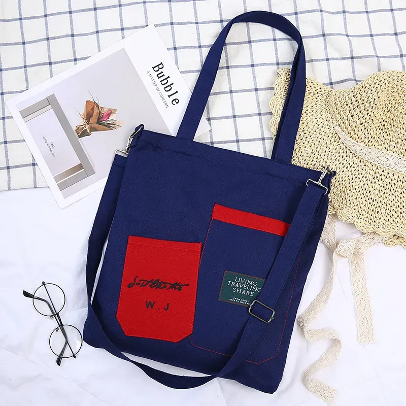 Block Color Large Capacity Canvas Zipper Shoulder Bag - Image 10