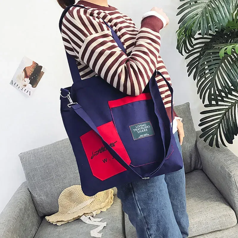 Block Color Large Capacity Canvas Zipper Shoulder Bag - Image 11