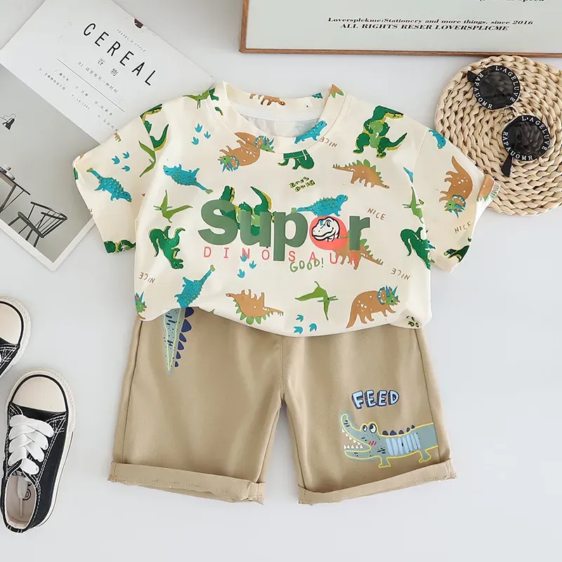 Wholesale Boy'S Fashion Casual Dinosaur Printed Short-Sleeved T-Shirt Shorts Two-Piece Set - Image 4