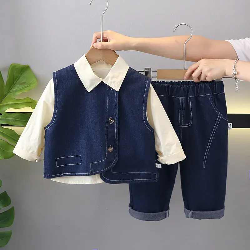 Wholesale Kids Toddler Boys Fashion Casual Solid Color Long Sleeve Shirt Denim Vest Jeans Set - Image 4