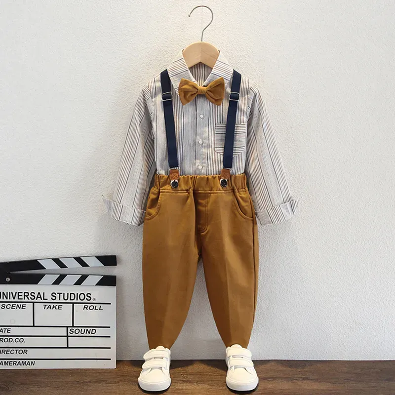Wholesale Kids Toddler Big Boys Spring Autumn Fashion Casual British Style Bow Waistcoat Stripe Shirt Suspender Trousers Party Clothing Set - Image 7