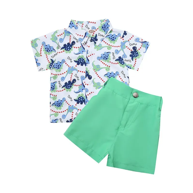 Wholesale Boy Fashion Casual Printed Lapel Short Sleeve Blouse Loose Shorts Two-Piece Set - Image 6