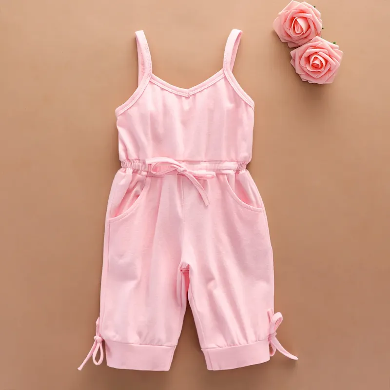 Wholesale Kids Baby Girls' Fashion Casual Solid Color Cotton Sleeveless Lace-Up Jumpsuit - Image 8