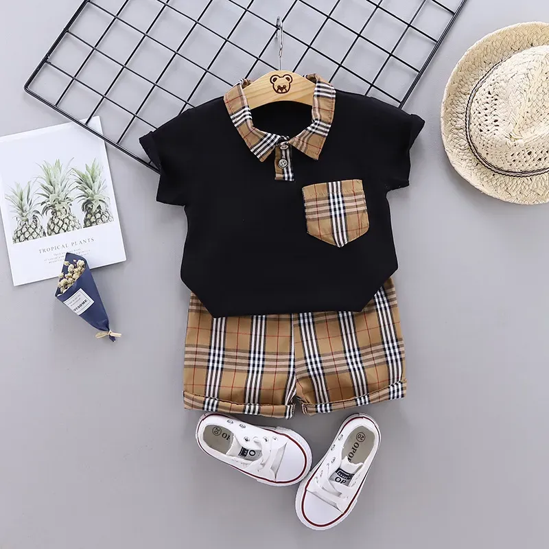 Wholesale Boys Fashion Casual Splicing Lapel Short-Sleeve T-Shirt Loose Shorts Two-Piece Set - Image 2