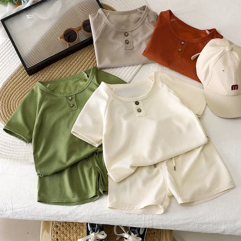 Wholesale Children'S Simple Solid Color Short-Sleeved Top And Shorts Two-Piece Set
