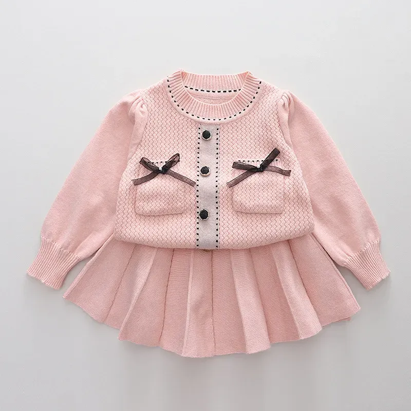 Wholesale Kids Toddler Girls Autumn Winter Fashion Casual Simple Solid Color Bow Round Neck Sweater Pleated Skirt Set - Image 4