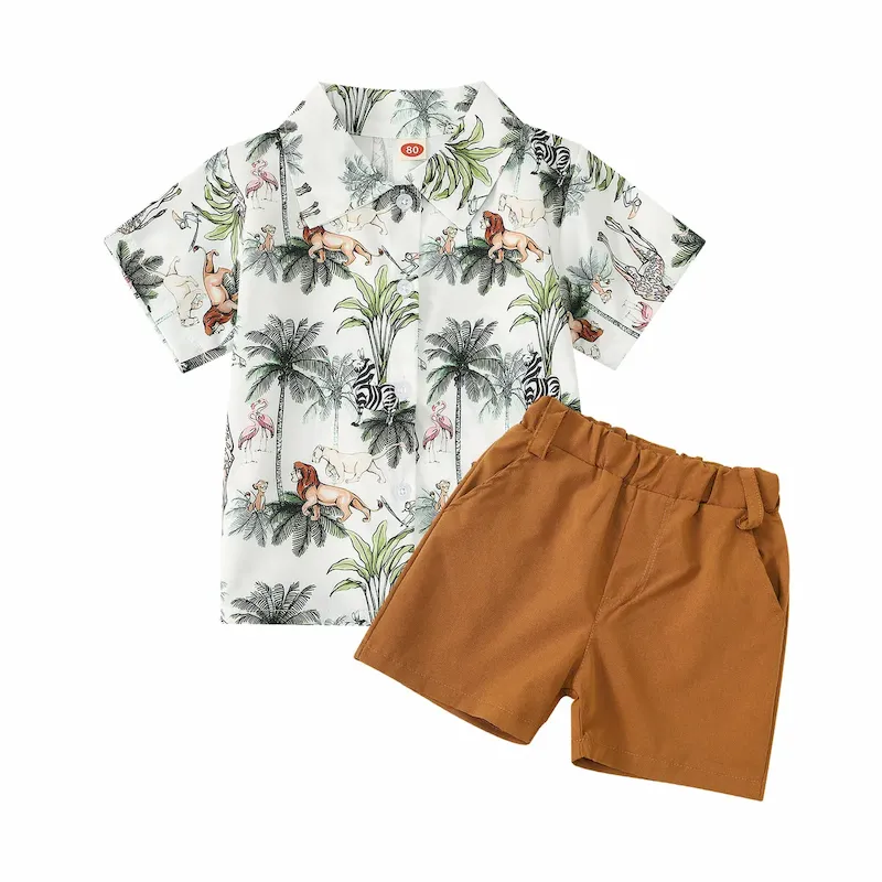 Wholesale Boy Fashion Casual Printed Lapel Short Sleeve Blouse Loose Shorts Two-Piece Set - Image 3