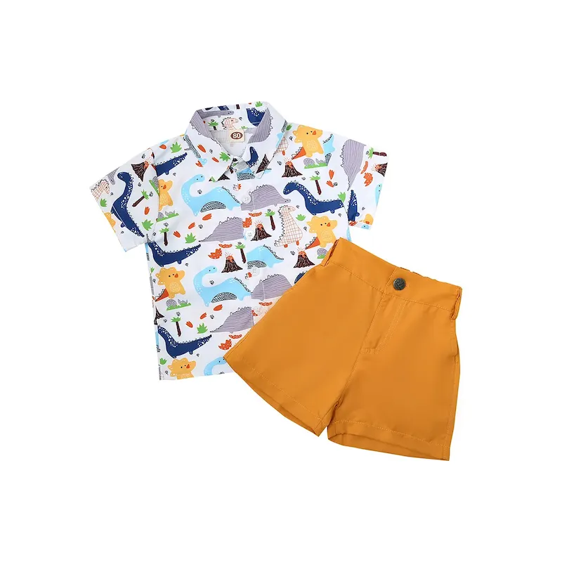 Wholesale Boy Fashion Casual Printed Lapel Short Sleeve Blouse Loose Shorts Two-Piece Set - Image 5