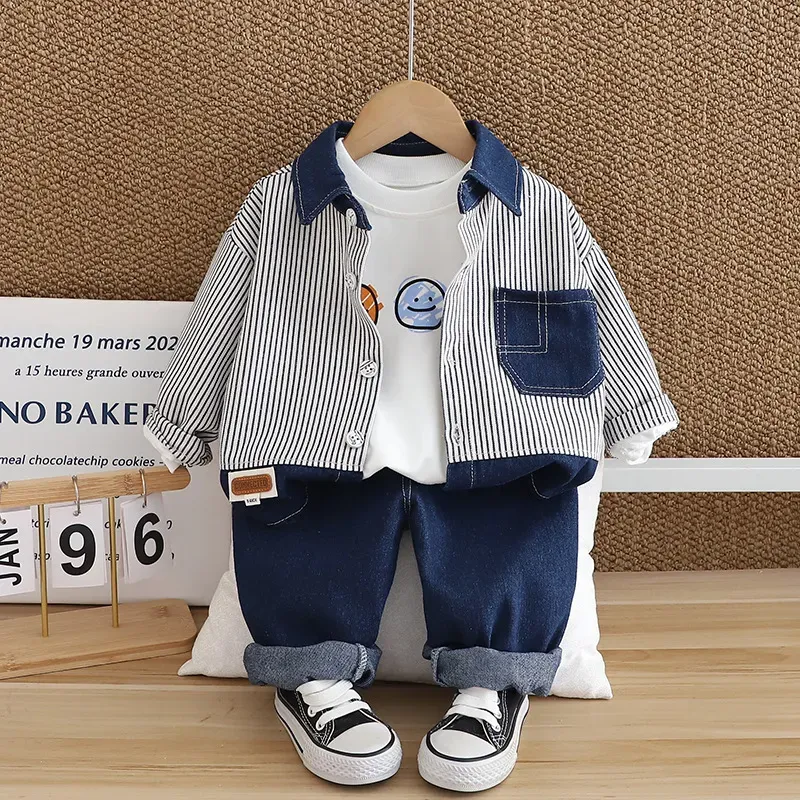 Wholesale Kids Toddler Boys Fashion Casual Smiley Print Long Sleeve T-Shirt Stripe Long Sleeve Shirt Jeans Three-Piece Set - Image 3