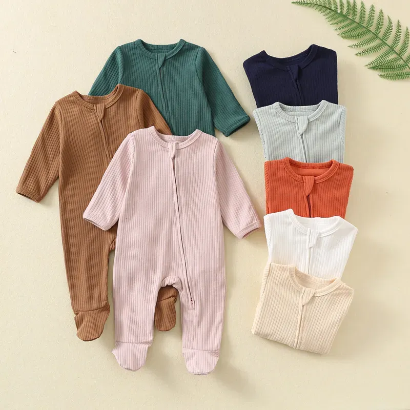Wholesale Kids Baby'S Boys And Girls Autumn And Winter Solid Color Long Sleeve Zipper Jumpsuits - Image 5