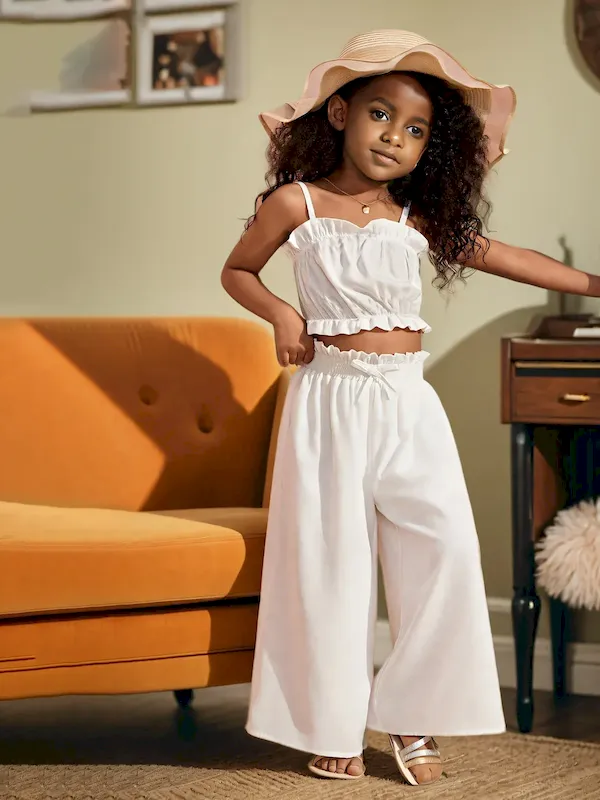 Wholesale Kids Toddler Girls Casual Cute Solid Color Flounced Camisole Trousers Sets - Image 3