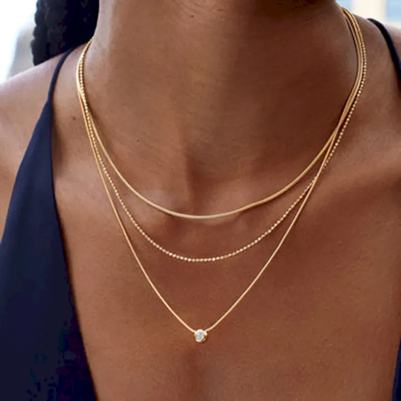Wholesale Women Fashion Simple Multi-Layered Titanium Steel Rhinestone Pendant Necklace