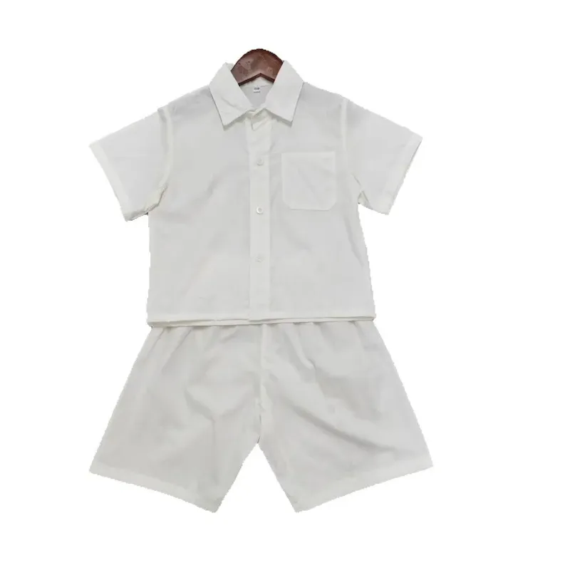 Wholesale Boys Fashion Casual Solid Color Cotton Short Sleeve Blouse Loose Shorts Two-Piece Set - Image 2