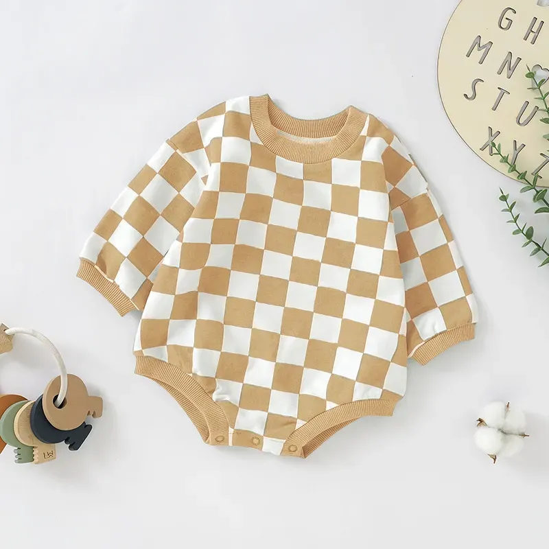 Wholesale Kids Baby Boys Girls Casual Cute Plaid Print Long Sleeve Romper - Image 4