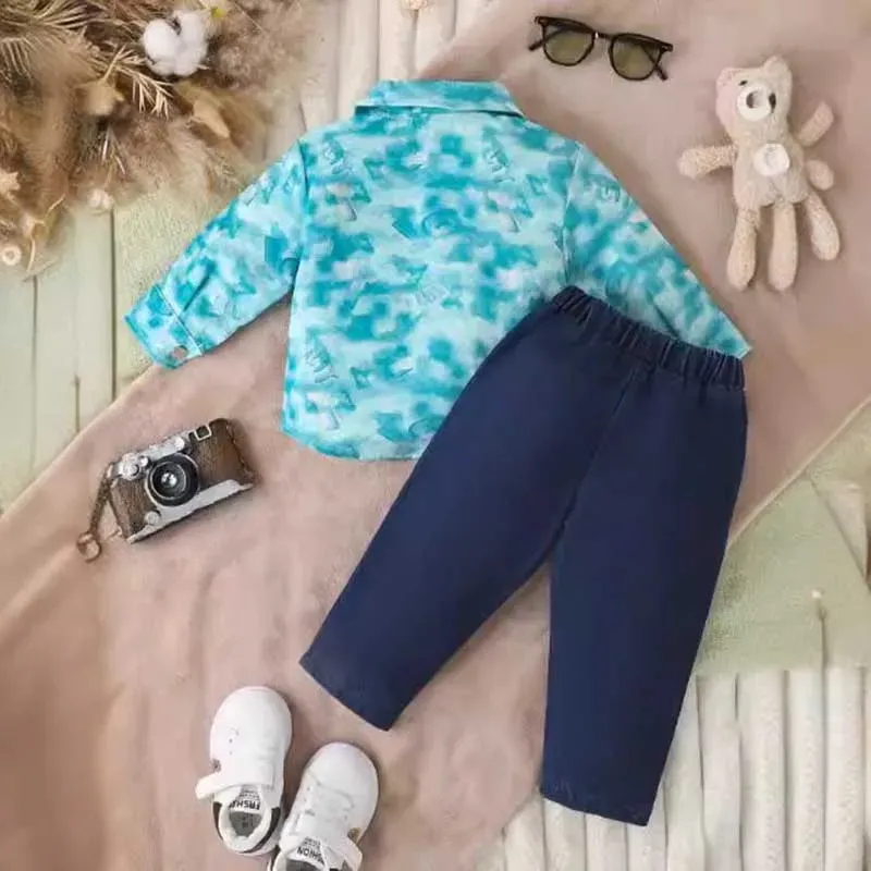 Wholesale Kids Baby Boys Fashion Casual Tie-Dye Long Sleeve Lapel Shacket Trousers Sets - Image 2