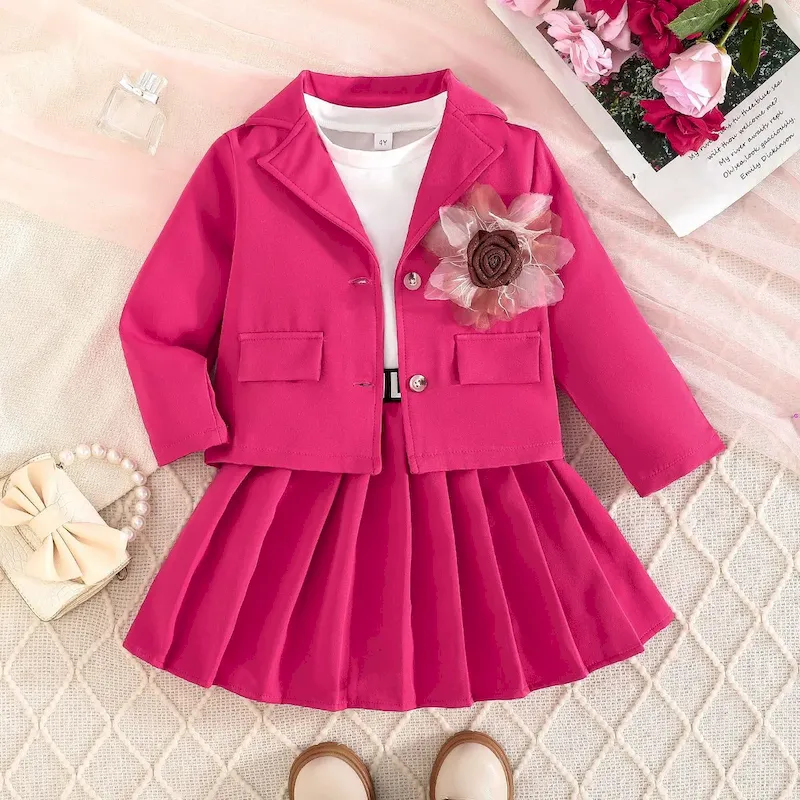 Wholesale Kids Girls Fashion Casual Flower Lapel Long-Sleeve Cardigan Vest Pleated Skirt Three-Piece Set - Image 6