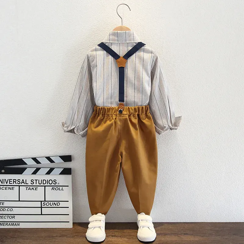 Wholesale Kids Toddler Big Boys Spring Autumn Fashion Casual British Style Bow Waistcoat Stripe Shirt Suspender Trousers Party Clothing Set - Image 4