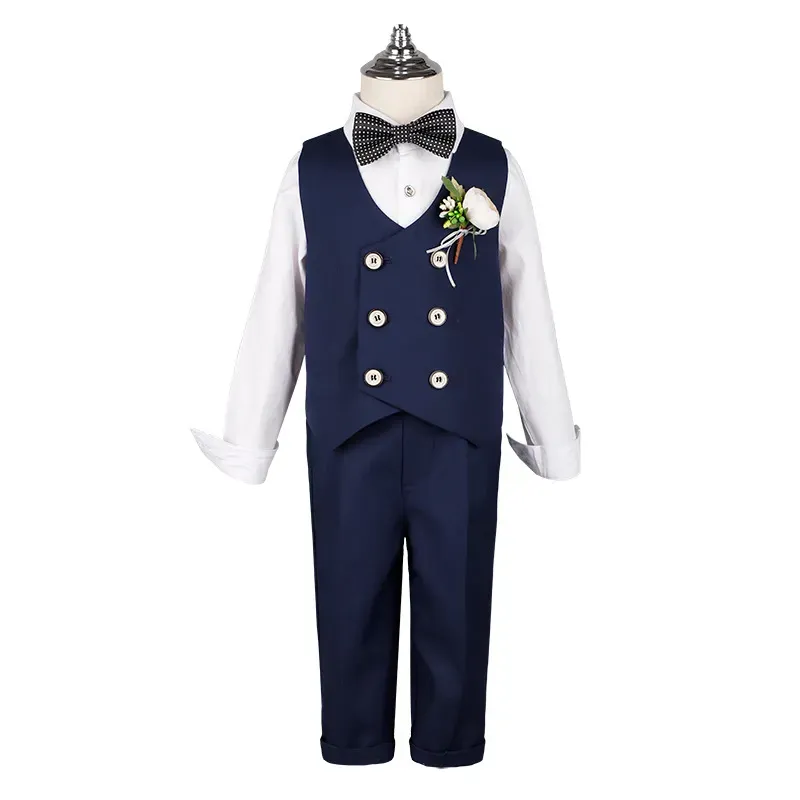 Wholesale Boys' Fashion Solid Color Lapel Long-Sleeve Blouse Tank Top Slim Fit Pants Five-Piece Set - Image 5