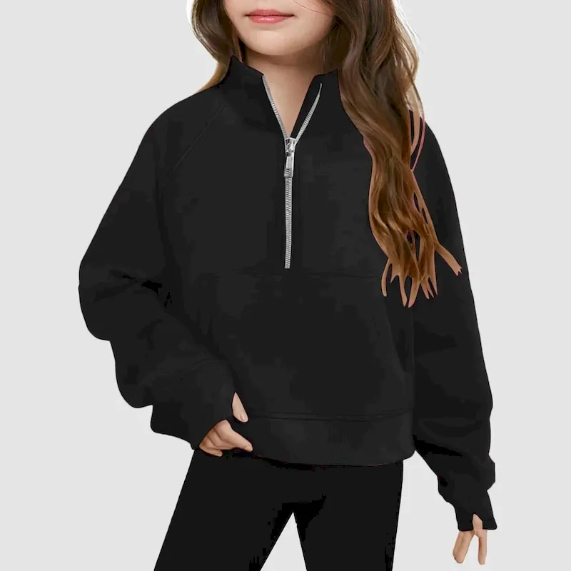 Wholesale Kids Girls' Fashion Casual Autumn Solid Color Half-Zipper Long-Sleeve Loose Sweatshirt - Image 5