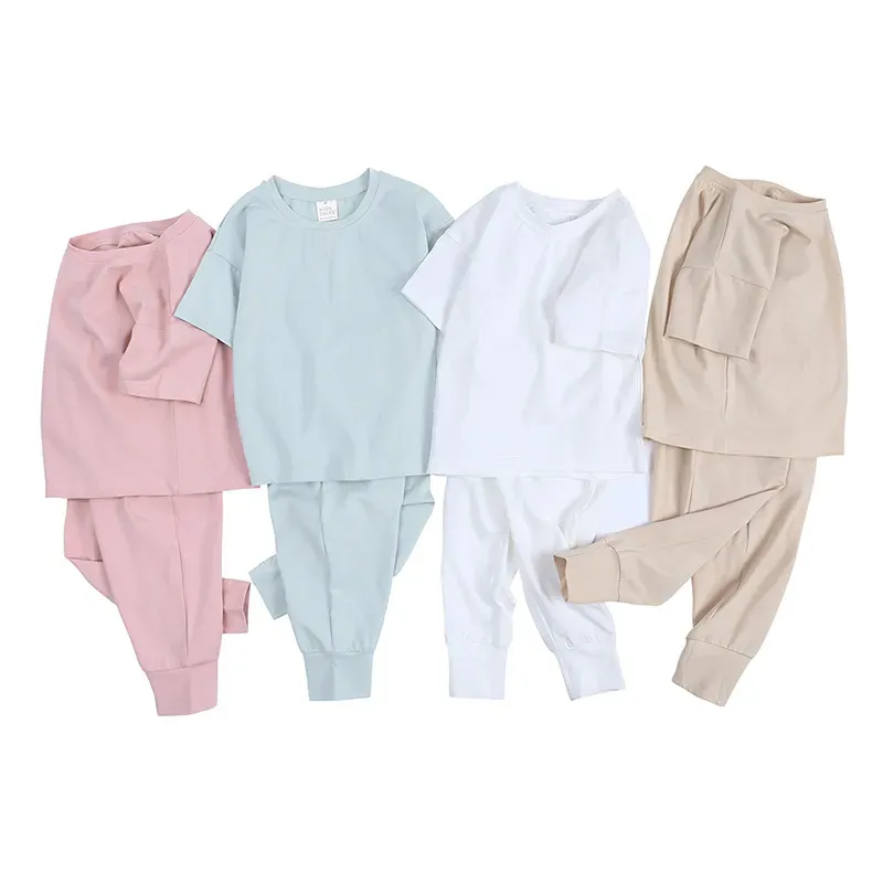 Wholesale Kids Toddler Boys Girls Casual Solid Color Short Sleeve T-Shirt Trousers Sets - Image 4
