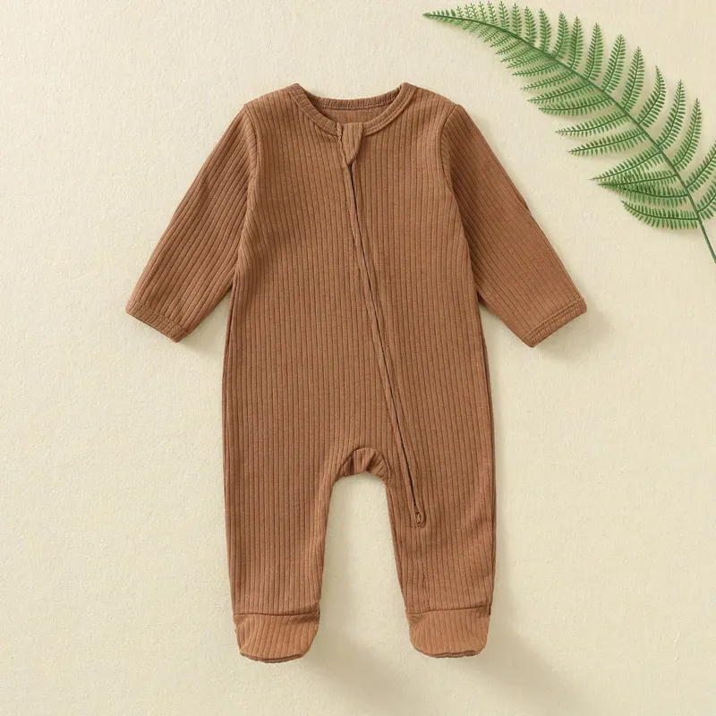 Wholesale Kids Baby'S Boys And Girls Autumn And Winter Solid Color Long Sleeve Zipper Jumpsuits