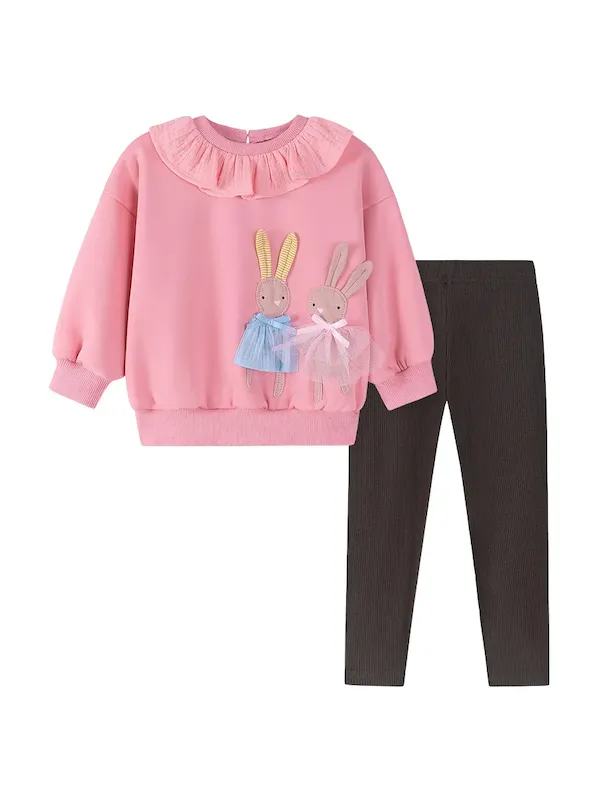 Wholesale Kids Girls Fashion Casual Autumn And Winter Velvet Lace Collar Long-Sleeve Top Tight Pants Two-Piece Set - Image 5