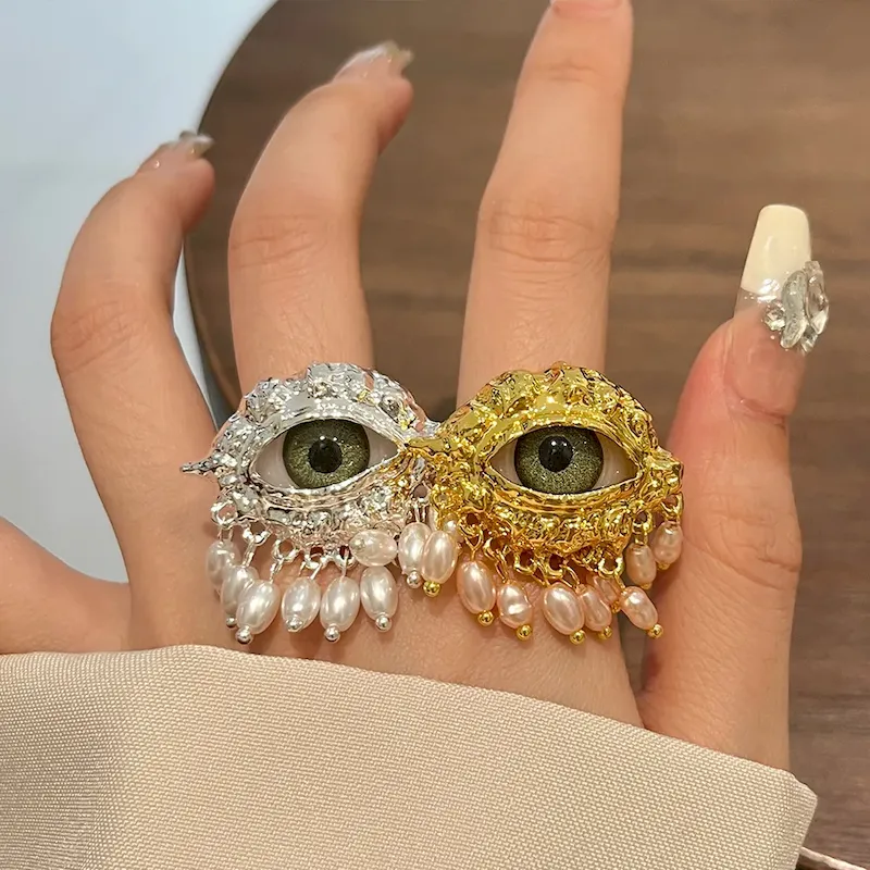 Wholesale Vintage Personality Exaggerated Pearl Tassel Evil Eye Ring
