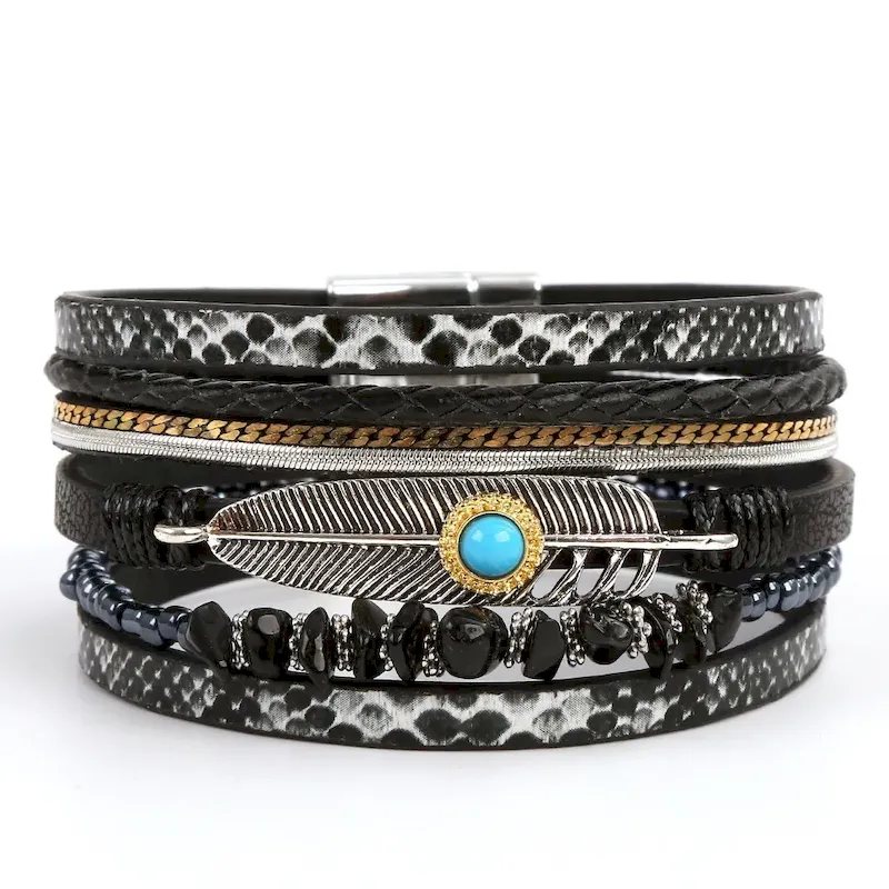 Wholesale Women Fashion Boho Multi-Layer Plant Leaf Gravel Natural Stone Bracelet - Image 6