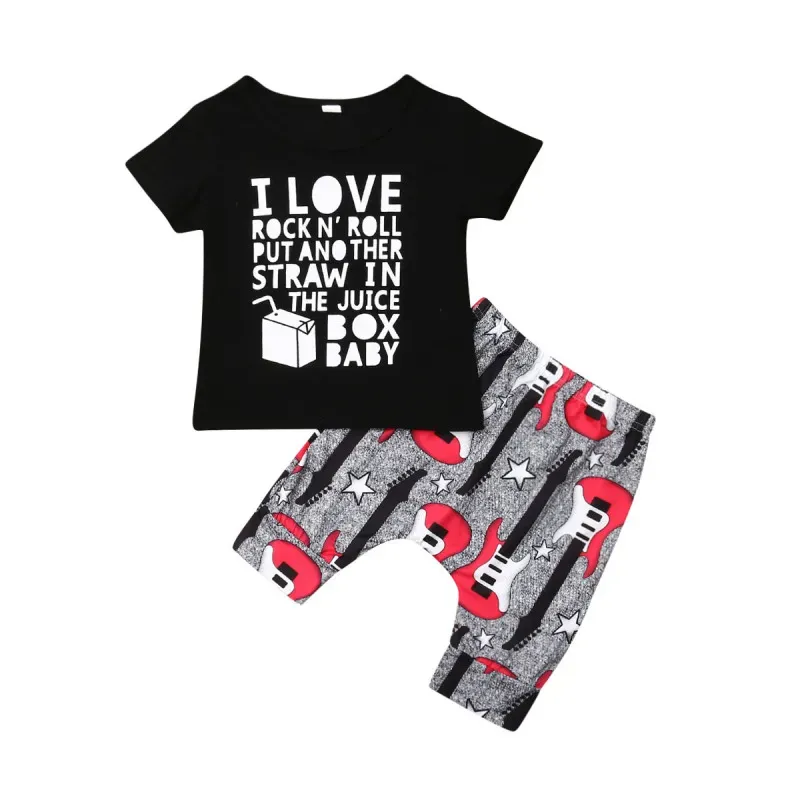 Wholesale Boys Basic Round Neck Short Sleeve Letter T-shirt And Elastic Guitar Harem Pants Set - Image 5