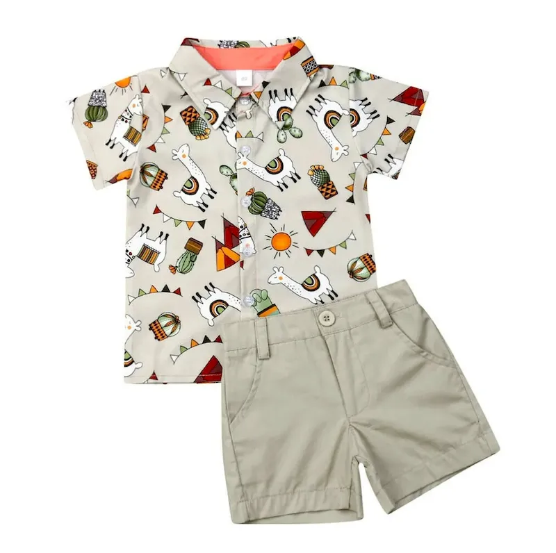 Wholesale Boy Fashion Casual Printed Lapel Short Sleeve Blouse Loose Shorts Two-Piece Set - Image 7